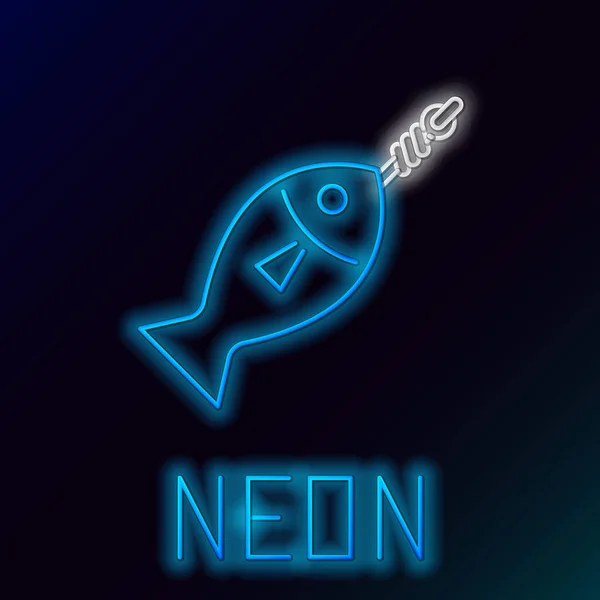 Niebieska świecąca neon linia Ryby na haczyku ikona izolowana na czarnym tle. Kolorowy koncept. Ilustracja wektora — Wektor stockowy