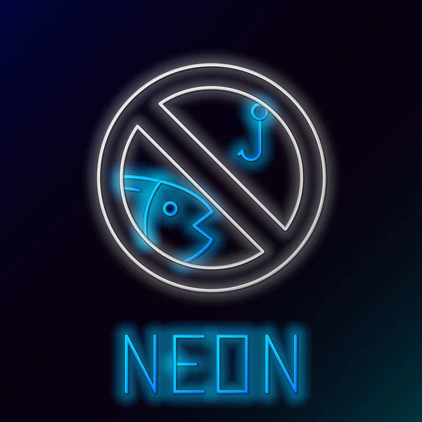 Blau leuchtende Neon-Linie ohne Fischersymbol auf schwarzem Hintergrund. Verbotsschild. Buntes Rahmenkonzept. Vektorillustration — Stockvektor