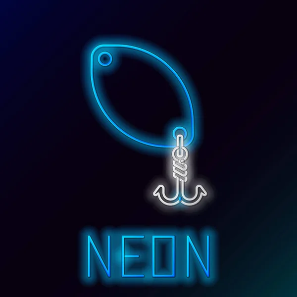 Azul brilhante neon line ícone da colher de pesca isolado no fundo preto. Iscas de pesca em forma de peixe. Equipamento de pesca. Conceito de esboço colorido. Ilustração vetorial — Vetor de Stock