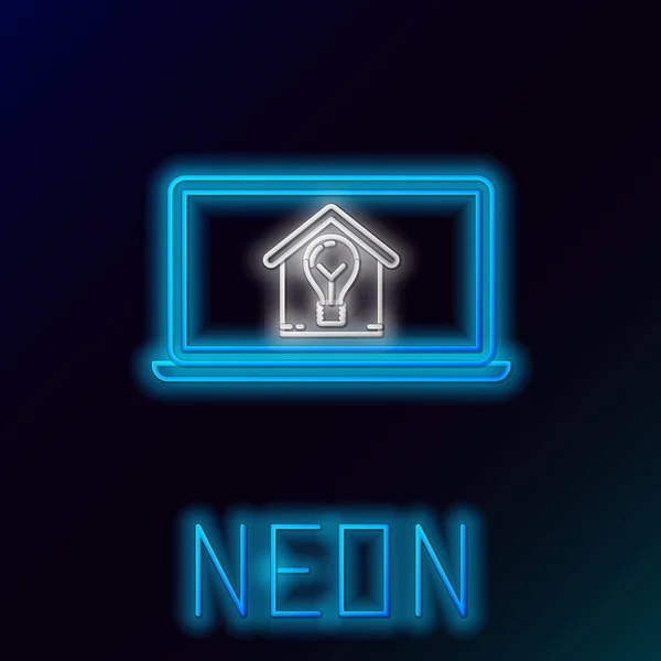 Blau leuchtender Neon Line Laptop mit Smart House und Glühbirnen-Symbol isoliert auf schwarzem Hintergrund. Buntes Rahmenkonzept. Vektorillustration — Stockvektor