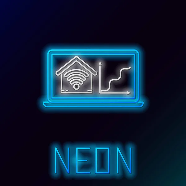 Blauer leuchtender Neon-Line-Laptop mit Smart Home mit WLAN-Symbol isoliert auf schwarzem Hintergrund. Fernbedienung. Buntes Rahmenkonzept. Vektorillustration — Stockvektor