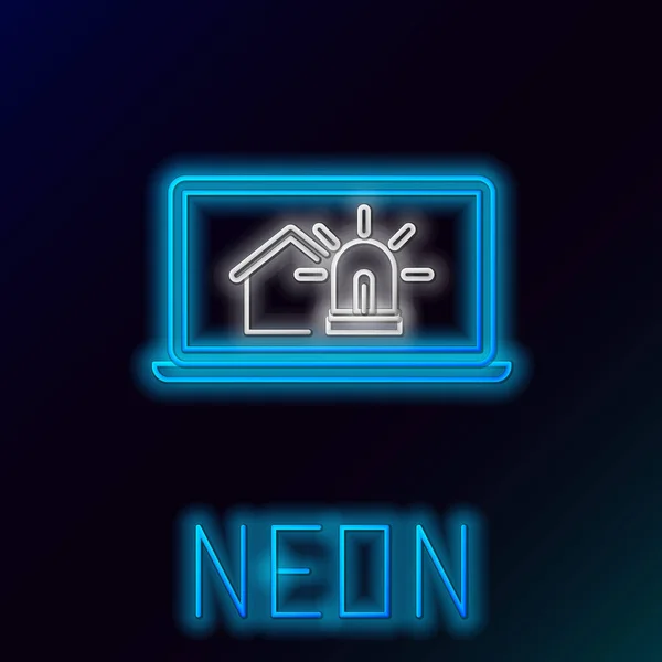 Niebieska świecąca neonowa linia Laptop z inteligentnym domem i ikoną alarmu na czarnym tle. System bezpieczeństwa inteligentnego domu. Kolorowy koncept. Ilustracja wektora — Wektor stockowy