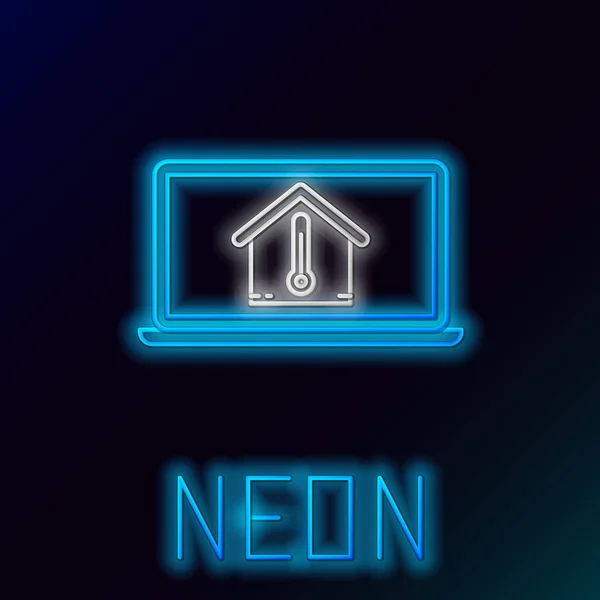 Blauwe gloeiende neon lijn Laptop met huis temperatuur icoon geïsoleerd op zwarte achtergrond. Thermometer icoon. Kleurrijk concept. Vector Illustratie — Stockvector