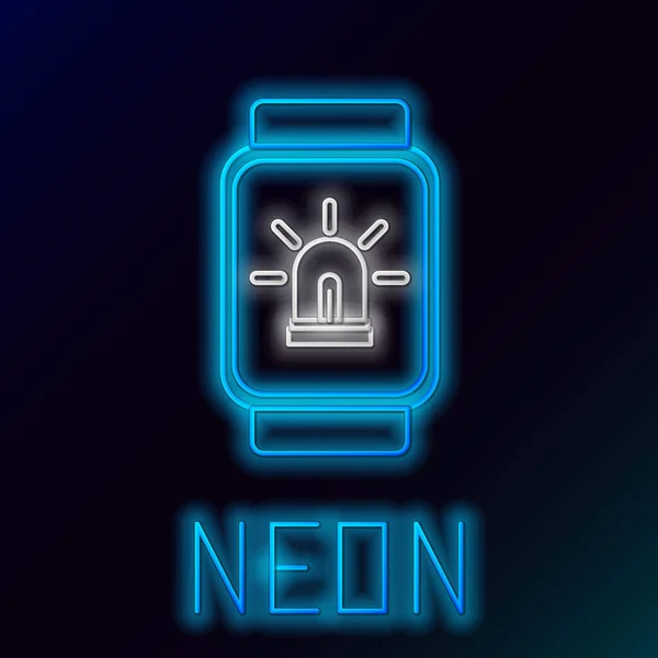 Blauw gloeiende neon lijn Slim horloge met smart house en alarm pictogram geïsoleerd op zwarte achtergrond. Beveiligingssysteem van smart home. Kleurrijk concept. Vector Illustratie — Stockvector