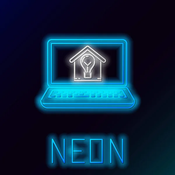 Niebieski świecący neon linii Laptop z inteligentnym domu i ikona żarówki izolowane na czarnym tle. Kolorowy koncept. Ilustracja wektora — Wektor stockowy