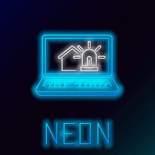 Bleu brillant néon ligne ordinateur portable avec maison intelligente et icône d'alarme isolé sur fond noir. Système de sécurité de la maison intelligente. Concept de contour coloré. Illustration vectorielle — Image vectorielle