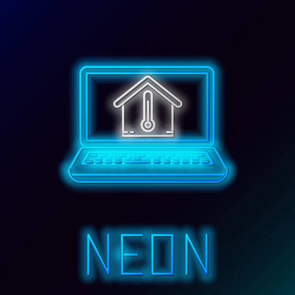 Albastru stralucitor neon linie Laptop cu pictograma temperatura casei izolate pe fundal negru. Icoana termometrului. Conceptul de contur colorat. Vector Illustration — Vector de stoc