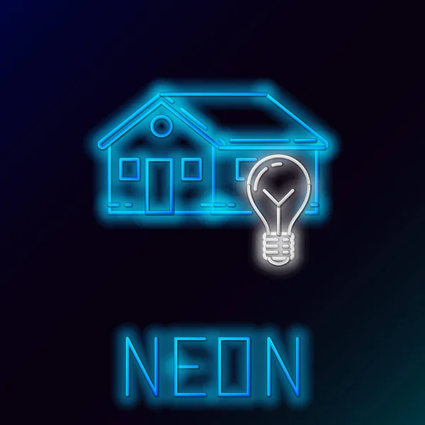 Blauw gloeiende neon lijn Slim huis en gloeilamp pictogram geïsoleerd op zwarte achtergrond. Kleurrijk concept. Vector Illustratie — Stockvector