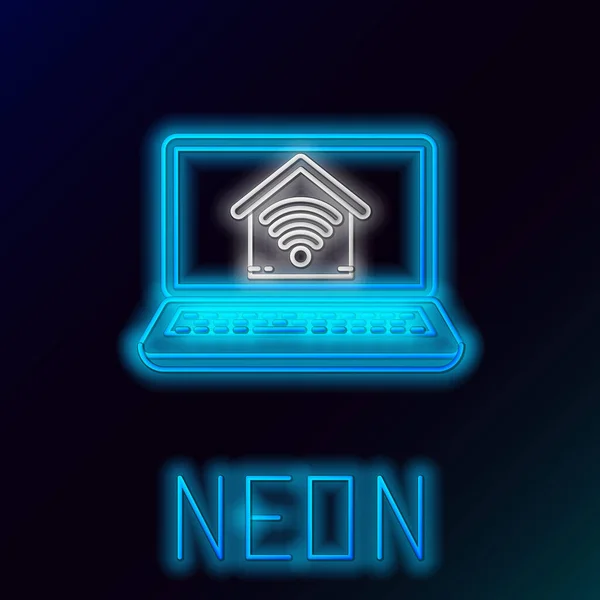 Modrá zářící neonová linka Laptop s smart home s wi-fi ikonou izolované na černém pozadí. Dálkové ovládání. Barevný koncept. Vektorová ilustrace — Stockový vektor