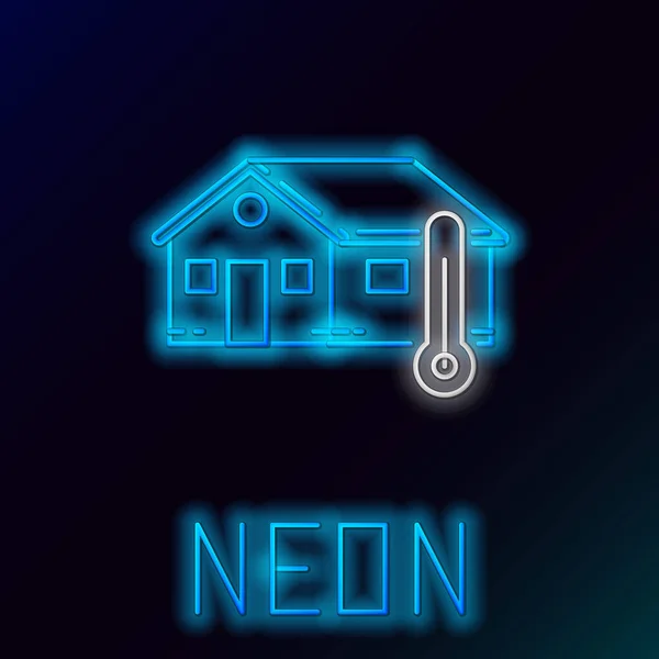 파란색 네온 라인의 집 온도 아이콘은 검은 배경에 분리되어 있습니다. 온도계 아이콘. 화려 한 윤곽 개념. 벡터 일러스트 — 스톡 벡터