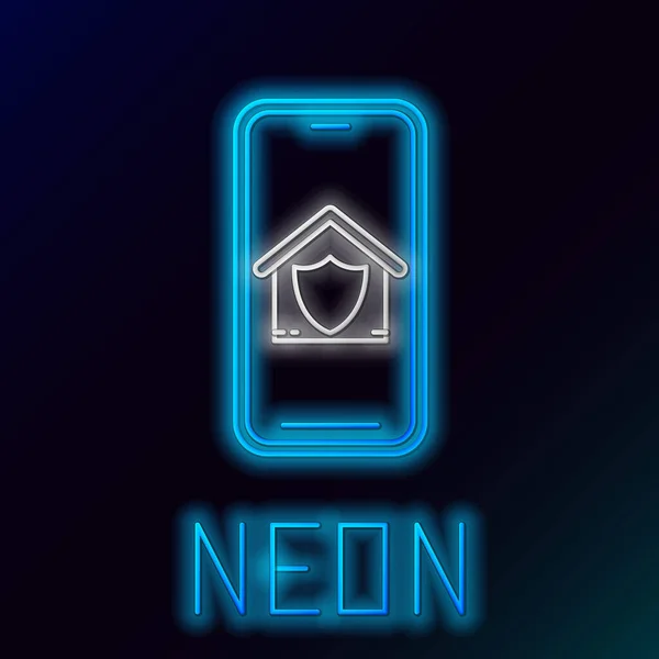Blue glowing neon line Mobile phone with house under protection icon isolated on black background. Protection, safety, security, protect, defense concept. Colorful outline concept. Vector Illustration — Stock Vector