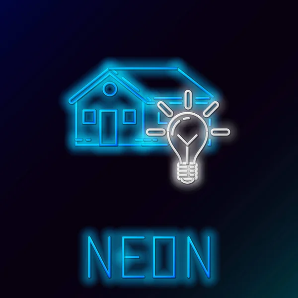 Blauw gloeiende neon lijn Slim huis en gloeilamp pictogram geïsoleerd op zwarte achtergrond. Kleurrijk concept. Vector Illustratie — Stockvector