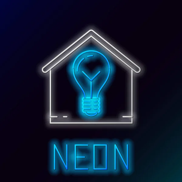 Blauw gloeiende neon lijn Slim huis en gloeilamp pictogram geïsoleerd op zwarte achtergrond. Kleurrijk concept. Vector Illustratie — Stockvector