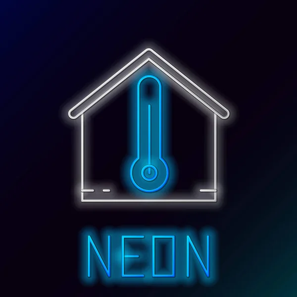Blue glowing neon line House temperature icon isolated on black background. Thermometer icon. Colorful outline concept. Vector Illustration — Stock Vector