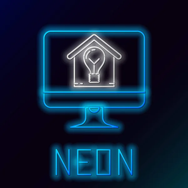 Blauwe gloeiende neon lijn Computer monitor met smart house en gloeilamp pictogram geïsoleerd op zwarte achtergrond. Kleurrijk concept. Vector Illustratie — Stockvector