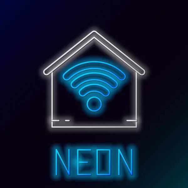 Μπλε λαμπερό νέον γραμμή Έξυπνο σπίτι με wi-fi εικονίδιο απομονώνονται σε μαύρο φόντο. Τηλεχειριστήριο. Πολύχρωμο περίγραμμα έννοια. Εικονογράφηση διανύσματος — Διανυσματικό Αρχείο
