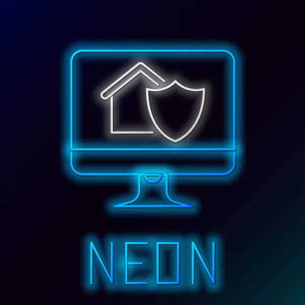 Blauwe gloeiende neon lijn Computer monitor met huis onder bescherming pictogram op zwarte achtergrond. Bescherming, veiligheid, beveiliging, bescherming, defensie concept. Kleurrijk concept. Vector Illustratie — Stockvector