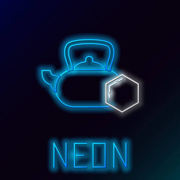 Blau leuchtende Neon-Linie Teekessel mit Honig-Symbol isoliert auf schwarzem Hintergrund. süße natürliche Nahrung. Buntes Rahmenkonzept. Vektorillustration — Stockvektor