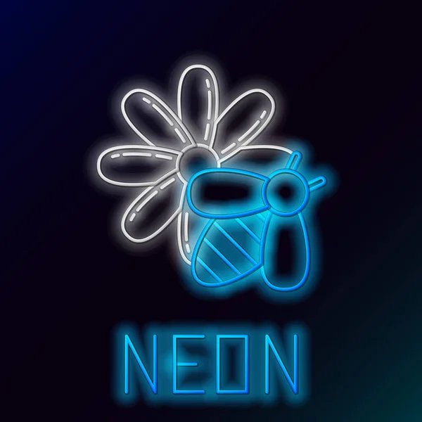 Blue glowing neon line Bee and flower icon isolated on black background. Sweet natural food. Honeybee or apis with wings symbol. Flying insect. Colorful outline concept. Vector Illustration — Stock Vector