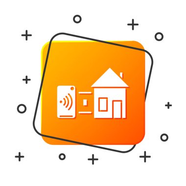 Beyaz arka planda yalıtılmış Beyaz Akıllı ev simgesi. Uzaktan kumanda. Turuncu kare düğme. Vektör İllüstrasyonu