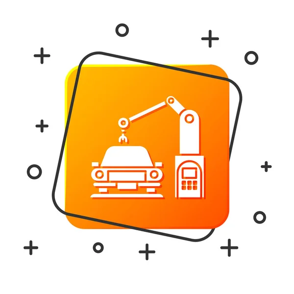 White Industrial machine robotic robot arm hand on car factory icon isolated on white background. Industrial automation production automobile. Orange square button. Vector Illustration — 图库矢量图片