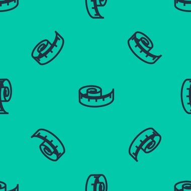 Mavi çizgi mezura simgesi yeşil arkaplanda izole edilmiş pürüzsüz desen. Ölçüm bandı. Vektör İllüstrasyonu