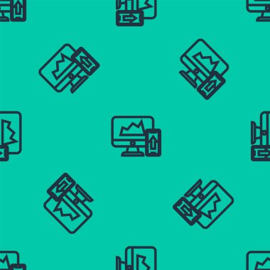 Bilgisayar monitörü ve cep telefonu ikonundaki mavi çizgi ya da grafik yeşil arka planda izole edilmiş pürüzsüz desen. Strateji, planlama, veri, yatırım. Vektör İllüstrasyonu