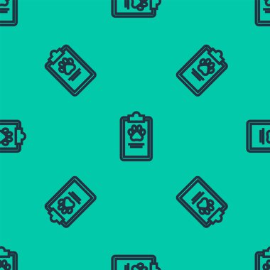 Tıbbi kayıt simgesine sahip mavi çizgi panosu yeşil arkaplandaki kusursuz deseni izole etti. Sağlık sigortası formu. Tıbbi kontrol işaretleri raporu. Vektör İllüstrasyonu