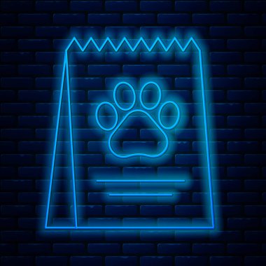 Parlayan neon hattı. Tuğla duvarda izole edilmiş köpek ikonu için yiyecek torbası. Köpek ya da kedi pençesi izi. Hayvanlar için yiyecek. Hayvan maması paketi. Vektör İllüstrasyonu