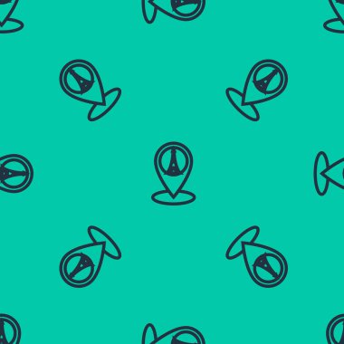 Eyfel kulesi simgesiyle mavi çizgi haritası, yeşil arkaplanda izole edilmiş kusursuz desen. Fransa Paris simgesi. Vektör İllüstrasyonu