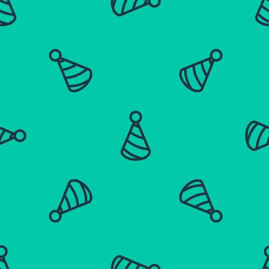 Mavi çizgi parti şapka ikonu yeşil arka planda kusursuz desen izole etti. Doğum günü şapkası. Vektör İllüstrasyonu