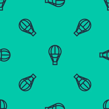 Mavi çizgi Sıcak hava balonu ikonu yeşil arka planda izole edilmiş pürüzsüz desen. Seyahat için hava taşımacılığı. Vektör İllüstrasyonu