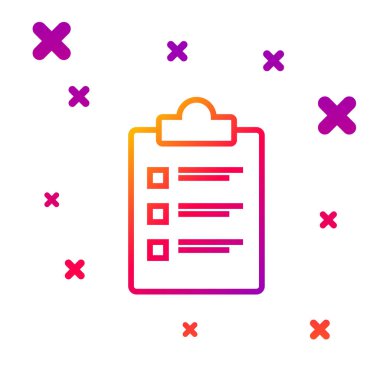 Beyaz arkaplanda kontrol listesi simgesi olan renk çizgisi panosu. Kontrol listesi sembolü. Anket anketi ya da anket geri bildirim formu. Kademeli rastgele dinamik şekiller. Vektör İllüstrasyonu