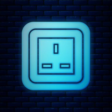 Parlayan neon elektrik çıkış simgesi tuğla duvar arka planında izole edildi. Elektrik prizi. Rosette sembolü. Vektör İllüstrasyonu