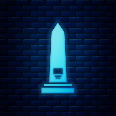 Tuğla duvar arkasında parlayan neon renkli Washington anıtı ikonu izole edildi. Anma konsepti, başkentin simgesi, vatanseverlik. Vektör İllüstrasyonu