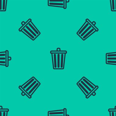 Mavi çizgi çöp kutusu simgesi yeşil arkaplanda izole edilmiş kusursuz desen. Çöp kutusu tabelası. Sepet simgesini geri dönüştür. Ofis çöpü ikonu. Vektör İllüstrasyonu