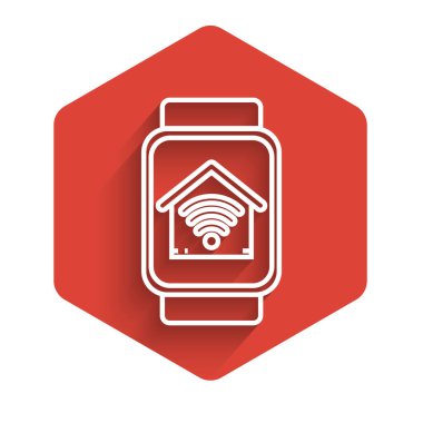 Beyaz çizgi akıllı saat, akıllı ev, uzun gölgeli kablosuz kablosuz ikon. Uzaktan kumanda. Kırmızı altıgen düğmesi. Vektör İllüstrasyonu