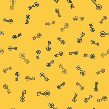 Mavi çizgi Kripto Para Birimi Bitcoin anahtar simgesi sarı arkaplandaki kusursuz deseni izole etti. Siber güvenlik kavramı ya da teknolojik arayüzü olan dijital anahtar. Vektör İllüstrasyonu