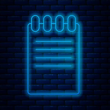 Parlayan neon hattı Not Defteri simgesi tuğla duvar arka planında izole edildi. Spiral not defteri simgesi. Okul defteri. Yazı tahtası. İş günlüğü. Not defteri kapağı tasarımı. Vektör İllüstrasyonu