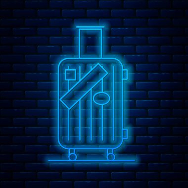 Parlayan neon hattı seyahat çantası ve tuğla duvar arka planında izole edilmiş çıkartma ikonu. Seyahat bagaj tabelası. Seyahat bagaj ikonu. Vektör İllüstrasyonu