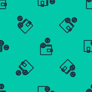 Bozuk para ikonlu mavi çizgili cüzdan yeşil arka planda izole edilmiş kusursuz desen. Çanta ikonu. Nakit tasarruf sembolü. Vektör İllüstrasyonu