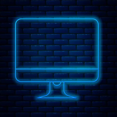 Parlayan neon hattı bilgisayar ekranı simgesi tuğla duvar arka planında izole edildi. Elektronik cihaz. Ön manzara. Vektör İllüstrasyonu