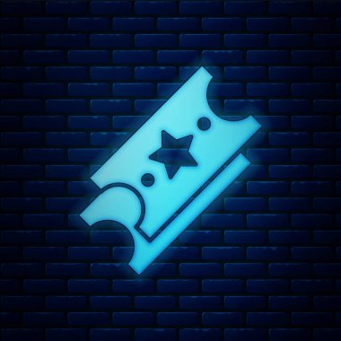 Parlayan neon piyango bileti ikonu tuğla duvar arkasında izole edilmiş. Bingo, loto, nakit para ödülleri. Finansal başarı, refah, zafer, kazanma şansı. Vektör İllüstrasyonu