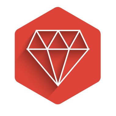 Elmas simgesi uzun gölgeli beyaz çizgi. Mücevher sembolü. Mücevher taşı. Kırmızı altıgen düğmesi. Vektör İllüstrasyonu