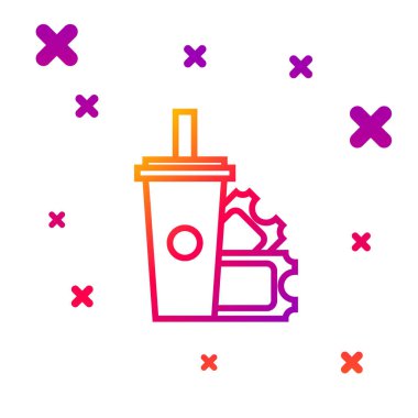 Renkli Amerikan futbolu bileti ve beyaz arka planda izole edilmiş saman ikonu içen kağıt cam soda. Kademeli rastgele dinamik şekiller. Vektör İllüstrasyonu