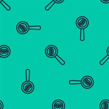 Bitcoin ikonlu mavi çizgi büyüteç yeşil arka planda izole edilmiş pürüzsüz desen. Madeni para. Engelleme zinciri tabanlı şifreli para birimi. Vektör İllüstrasyonu