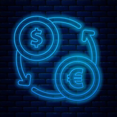 Parlayan neon hattı Para değişimi simgesi tuğla duvar arkasında izole edildi. Euro ve Dolar para transferi sembolü. Bankacılık işareti. Vektör İllüstrasyonu