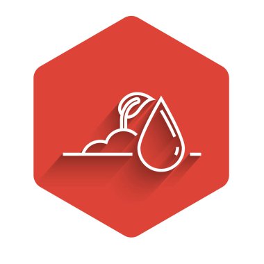 Beyaz çizgi, uzun gölgeli, filiz ikonu. Tohum ve tohum. Sulama sembolü. Yaprak doğası. Kırmızı altıgen düğmesi. Vektör İllüstrasyonu