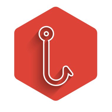 Beyaz çizgili olta kancası uzun gölgeli izole edilmiş. Balık oltası. Kırmızı altıgen düğmesi. Vektör İllüstrasyonu