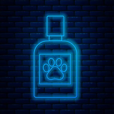 Parlayan neon hattı köpek ilacı ikonu tuğla duvar arkasında izole edilmiş. İçinde haplar olan konteynır. Hayvan için reçeteli ilaç. Vektör İllüstrasyonu